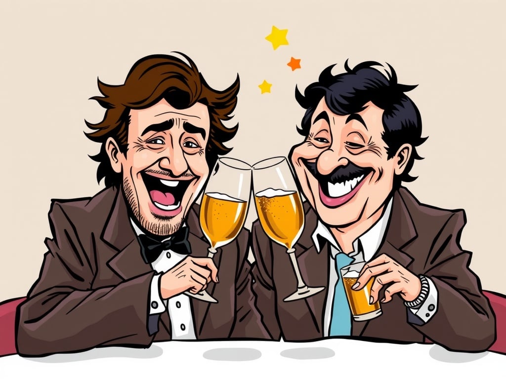 A cartoon of two joyous men clinking glasses and laughing together.