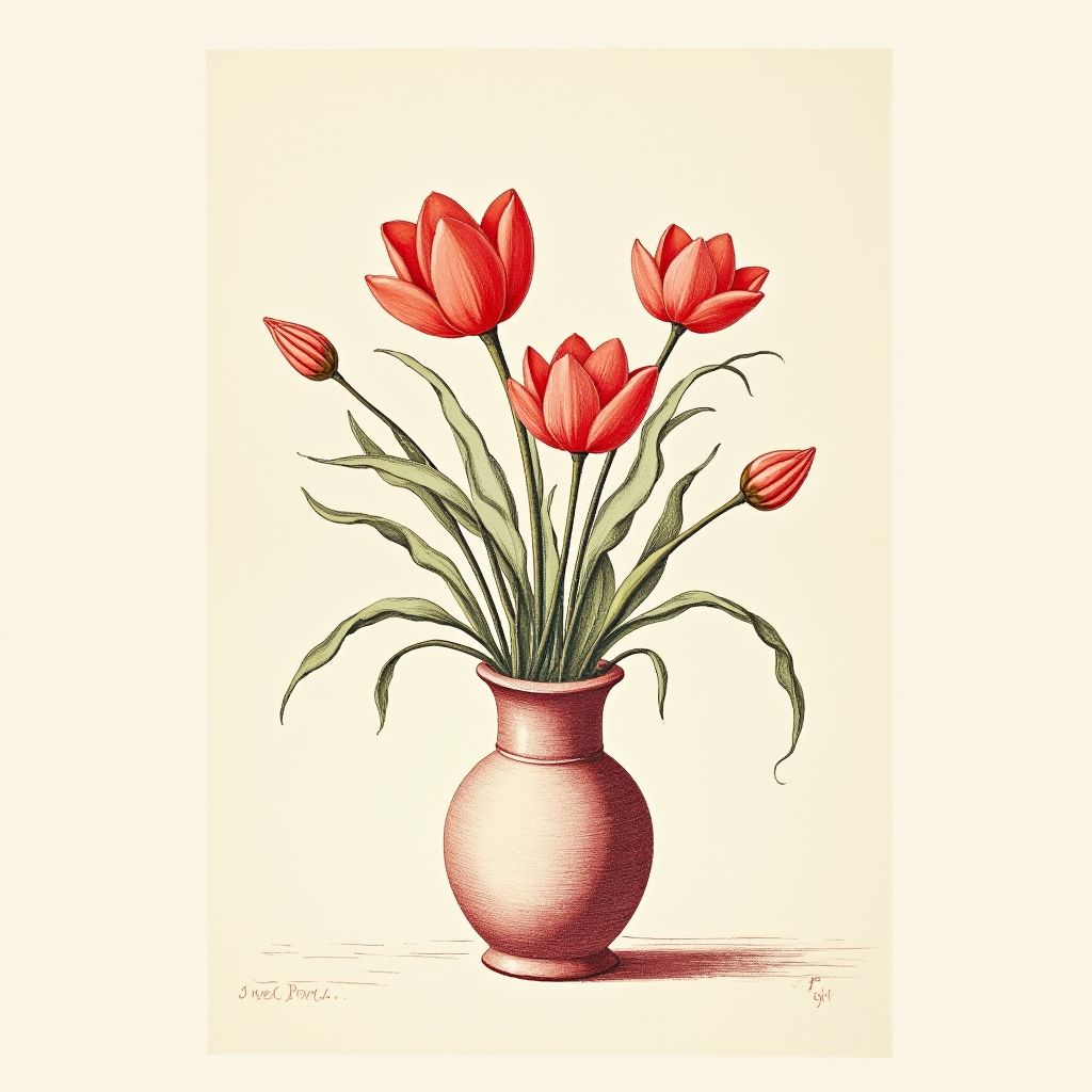 A detailed illustration of red tulips in a vase against a light background.