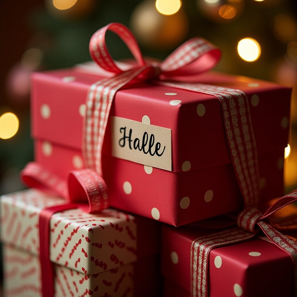 The image showcases beautifully wrapped Christmas presents with vibrant red and white colors. One prominent gift box has a name tag that reads 'Halle'. The festive decorations add to the holiday charm, while soft golden bokeh lights create a warm ambience. This scene captures the spirit of gift-giving during the holiday season. The presents are arranged amidst a backdrop of a Christmas tree filled with ornaments. The overall atmosphere is joyful and inviting, perfect for celebrating Christmas.