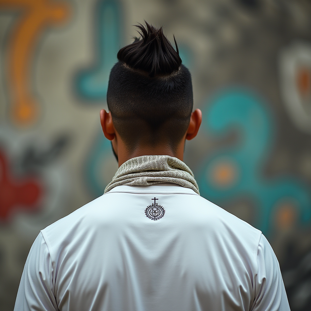 A person with a creative hairstyle stands in front of a colorful wall, wearing a white shirt with a design on the back.