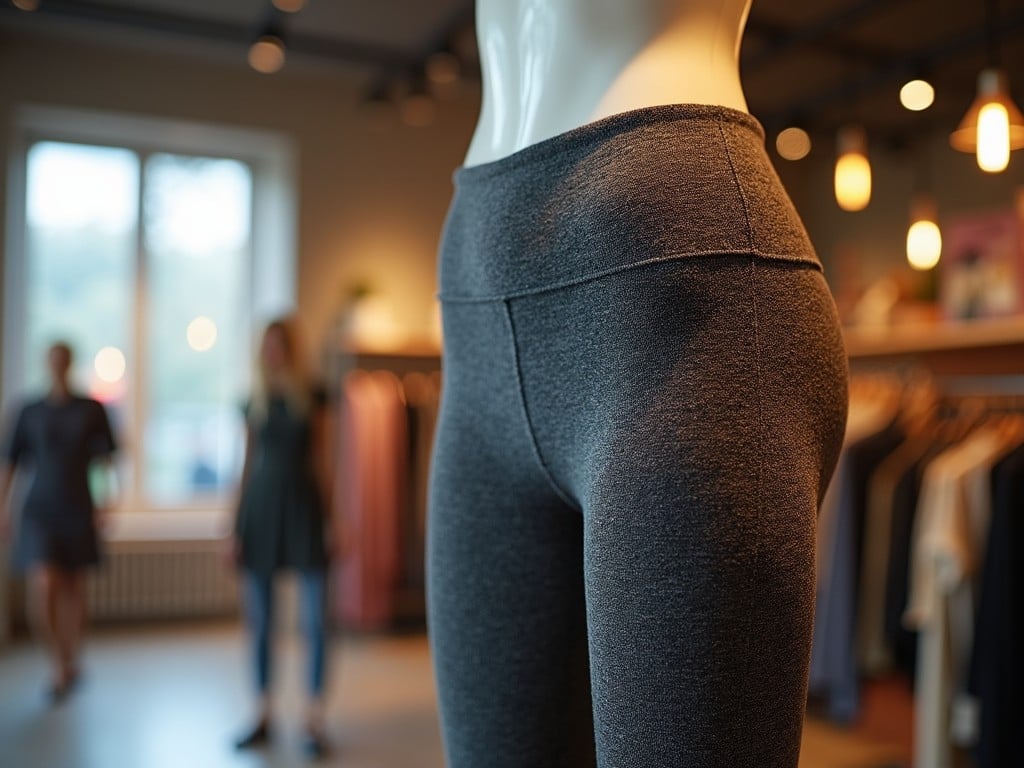 The image showcases a close-up of a mannequin wearing dark grey leggings in a clothing store. In the background, the blurred figures of customers and racks of hanging clothes are noticeably out of focus, highlighting the store's warm and inviting ambiance. The lighting is soft, emanating from contemporary light fixtures, creating a welcoming shopping environment.