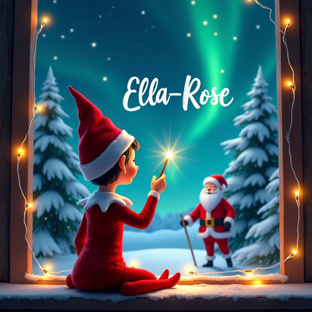 This image features an elf on the shelf, portrayed from behind, enjoying the festive atmosphere. The elf is facing upwards, using a wand to inscribe the name 'Ella-Rose' in the sky amidst the magical northern lights. In the background, Santa Claus enriches the enchanting scene, seamlessly blending into the winter wonderland setting filled with snow-covered trees. Soft, amber lights twinkle around the window, creating a warm and cozy holiday ambiance. This illustration encapsulates the joy and magic of Christmas, making it perfect for evoking holiday spirit.