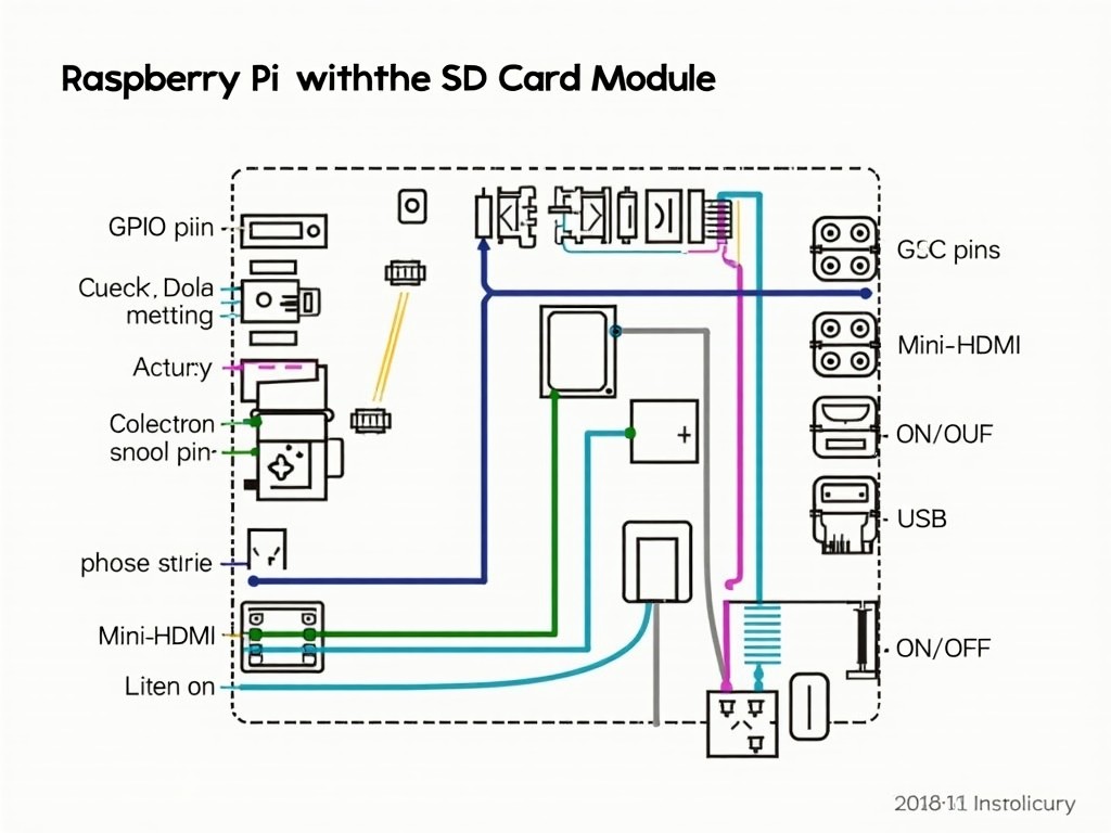 Create a schematic diagram featuring a Raspberry Pi with SD Card Module and labeled components with some misspelled terms.