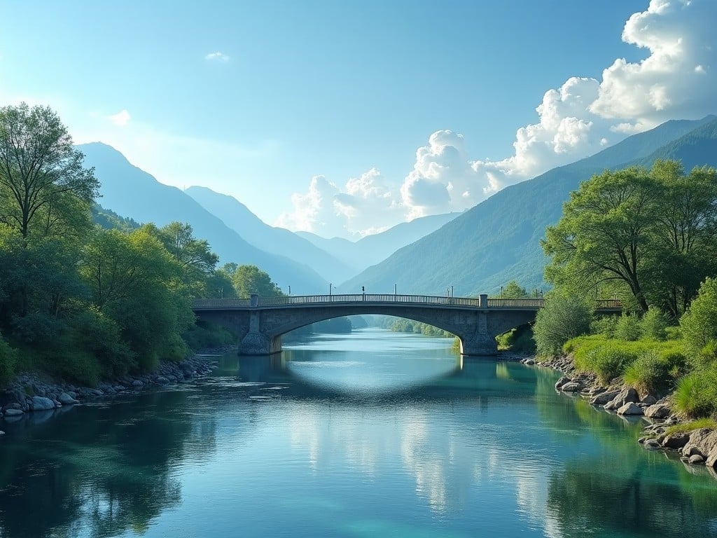 This image showcases a picturesque landscape featuring a serene river bordered by lush green trees. In the center, a beautiful stone bridge arches gracefully over the water. Majestic mountains rise in the background, partially shrouded by soft clouds. The water reflects the bridge and surrounding scenery, enhancing the tranquil atmosphere. The overall scene evokes a sense of peace and natural beauty, making it ideal for nature lovers and travelers seeking picturesque vistas.