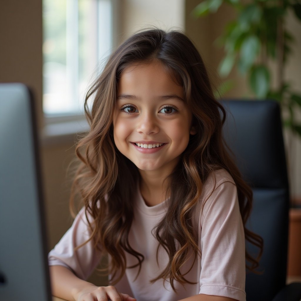 A girl with long wavy brown hair and brown eyes is sitting behind a computer. She is smiling warmly, showing her enjoyment. The background reveals a cozy room with natural light filtering in from a window. The setting suggests an engaging environment for studying or working. The girl appears enthusiastic and happy, radiating positivity as she interacts with her computer.