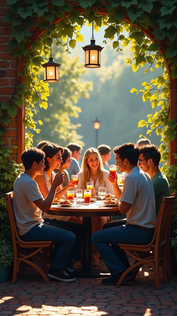 A group of friends enjoy drinks and food at a sunlit outdoor cafe table under an archway.