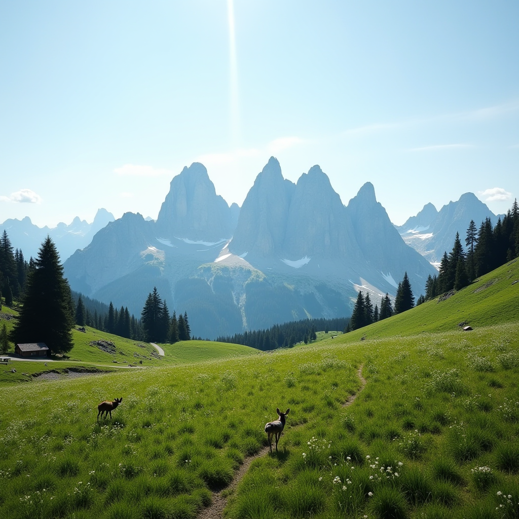 A serene mountain landscape featuring a lush green meadow, grazing deer, and dramatic rocky peaks under a clear blue sky.