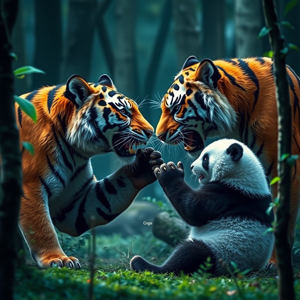 A playful scene of two tigers and a panda interacting amicably in a forest.