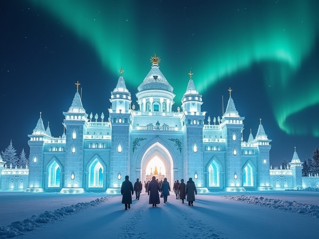 A majestic ice palace under the Northern Lights with a group of people walking towards it on a snowy night.