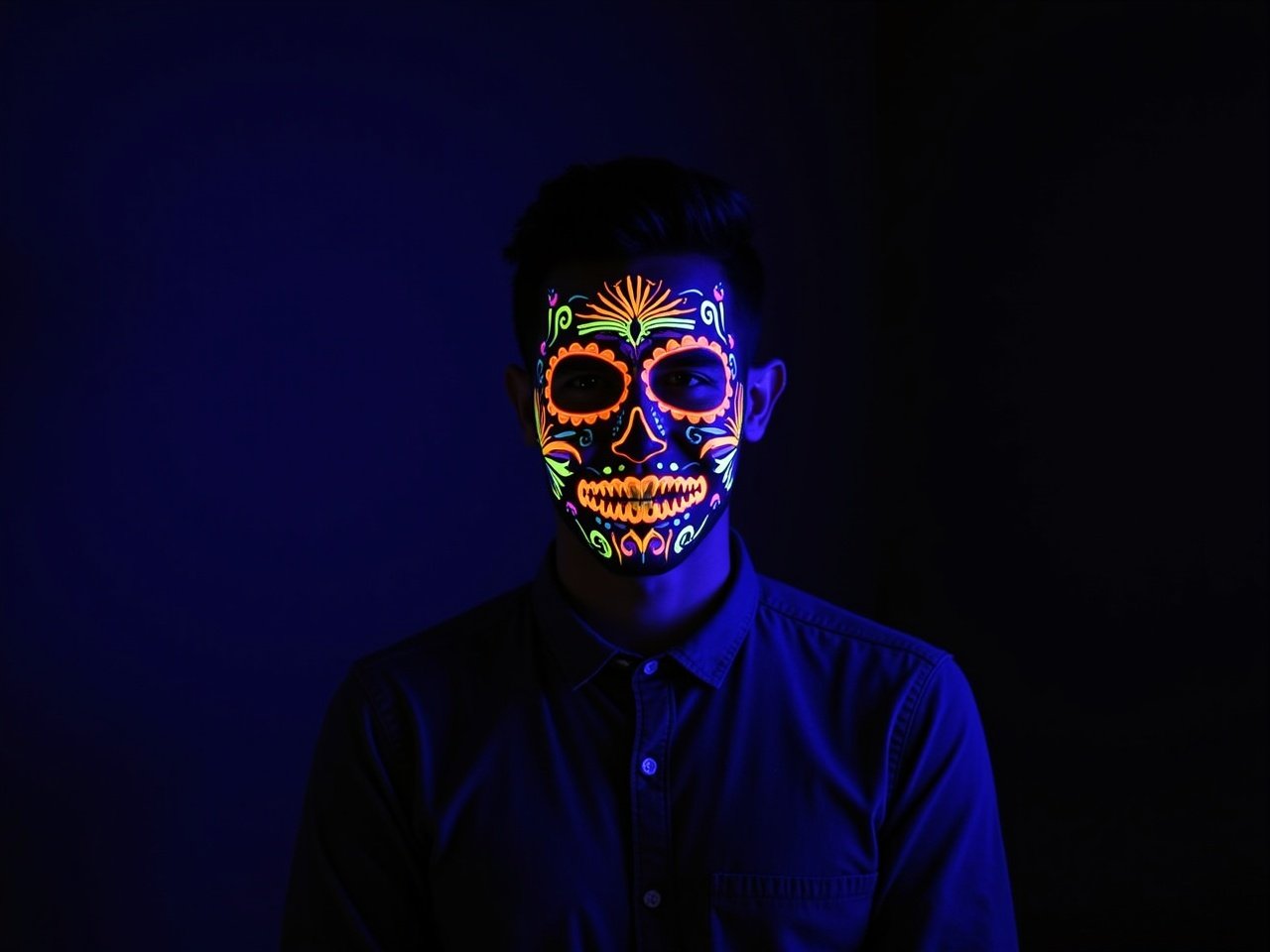 A man standing in a dark environment, adorned with vibrant neon color sugar skull makeup. The makeup glows strikingly under UV light, highlighting intricate designs and patterns. His expression is intense, capturing the spirit of the celebration. The background fades into shadow, contrasting with the vivid colors of his face. This dramatic lighting accentuates the artistry of the sugar skull theme, evoking a feeling of festivity and mystery.