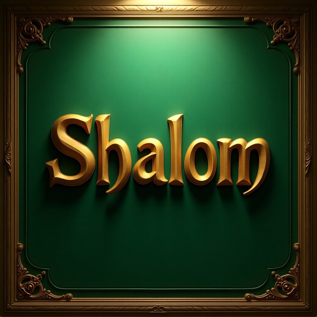 A visually striking image features the word ‘Shalom’ crafted from gold, prominently displayed against a rich green backdrop. The letters are stylized and elegant, showcasing detailed craftsmanship. The composition has a cinematic atmosphere, evoking a sense of warmth and tranquility. The golden text stands out due to the soft, even lighting that enhances its three-dimensionality. This design can be used for various artistic and decorative purposes, making it a versatile choice for invitations, home decor, or cultural merchandise.