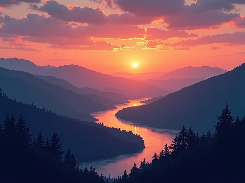 A breathtaking landscape captures a vivid sunrise over a winding river nestled between layers of shadowy mountains. The sky is a symphony of warm orange and pink hues, reflecting subtly on the gently flowing water below. Silhouetted pine trees line the riverbanks, adding an element of depth and tranquility to the scene.