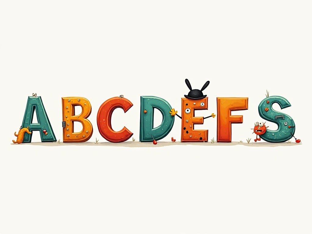 This image features whimsical, colorful letters from A to S, each designed with unique characters and playful elements. The letters are arranged in a row, showcasing vibrant colors like orange, green, blue, and yellow. Each letter incorporates playful creatures or objects, adding personality and charm. The background is simple and light, allowing the letters to stand out. This design is ideal for educational contexts or children's entertainment, making learning the alphabet fun and engaging.