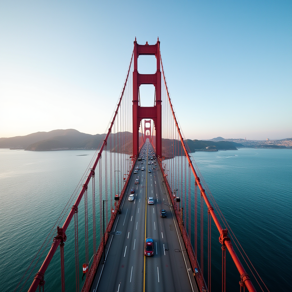 A scenic view of a red suspension bridge stretching over a tranquil body of water under a clear blue sky.