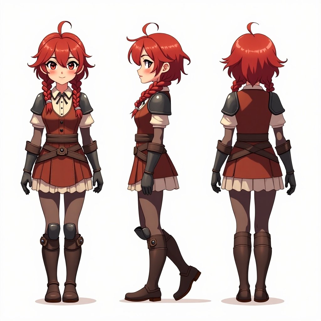 This image features an anime-style character who has a cheerful demeanor. She has red hair styled in twin braids and wears a high fantasy ranger outfit complete with leather armor. The character is depicted in a turn-around sheet, showing her from three different angles: front, side, and back. Her outfit is designed to highlight a fighter's aesthetic. The overall feel of the image suggests a timid and somewhat cowardly personality, making her a versatile design reference for creative projects.