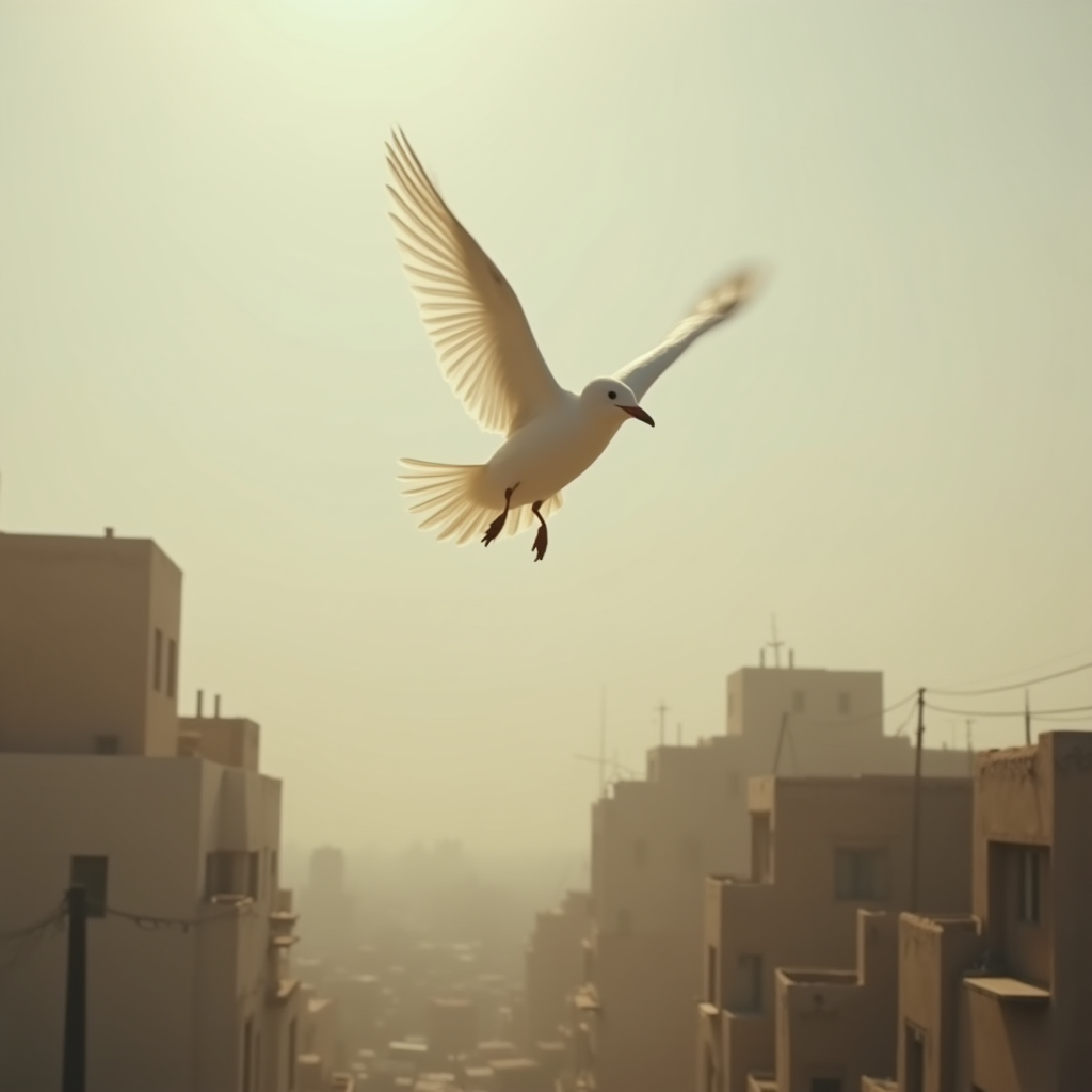 A white bird gracefully flies between buildings under a serene sky.