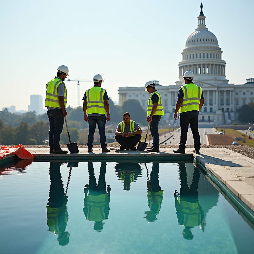 Five construction workers in neon vests and helmets stand by a reflective pool near a large government building.