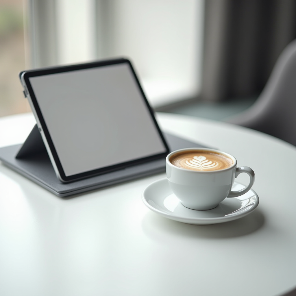 A digital tablet and cup of coffee sit on a white table by a window.