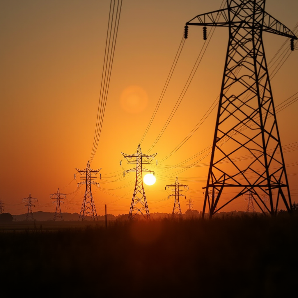 Silhouetted power lines stretch across the horizon against a vibrant sunset.