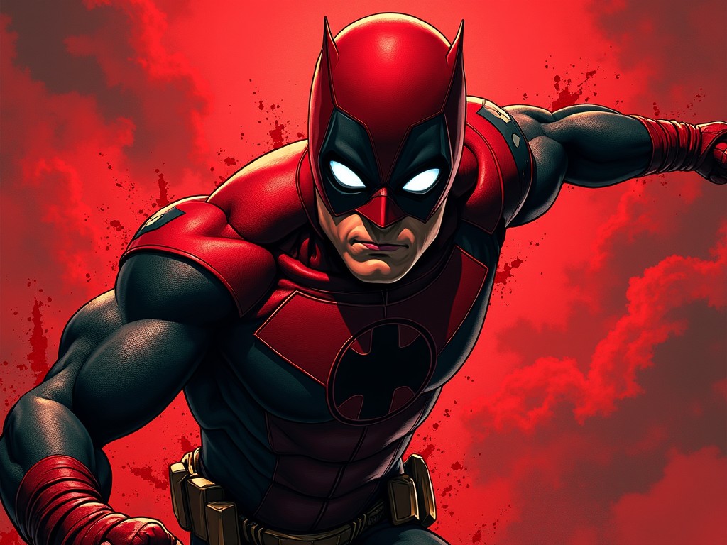 This image features a stylized version of a superhero in red and black attire. The figure has a dynamic pose, with splashes of red paint-like effects around it, creating a sense of motion and action. The mask has large white eye lenses that stand out against the red background. Dark clouds swirl in the backdrop, enhancing the dramatic effect. Overall, the artwork blends comic book aesthetics with a modern art style, capturing the essence of a heroic character.