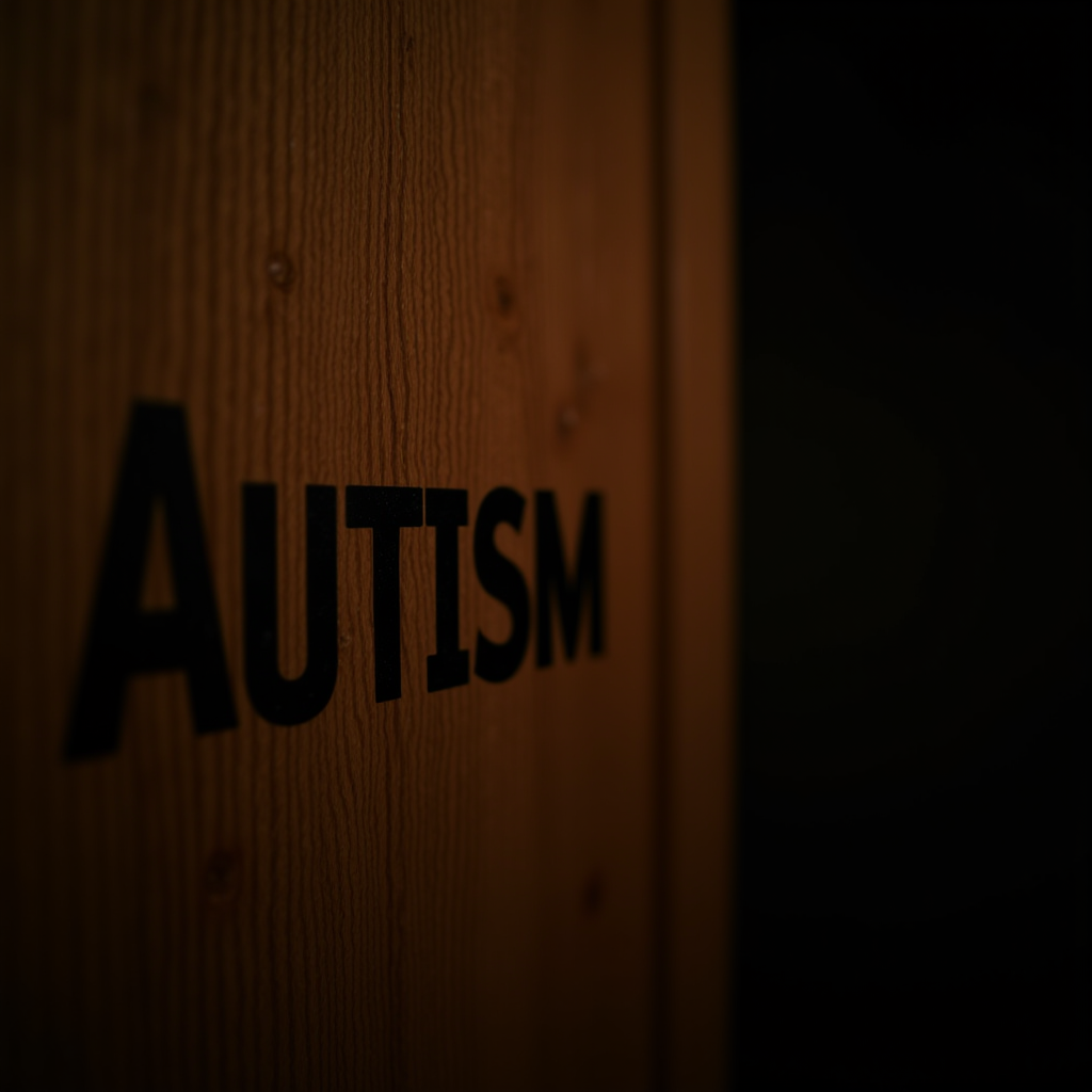 The word 'Autism' is prominently displayed in dark letters against a textured wooden background.