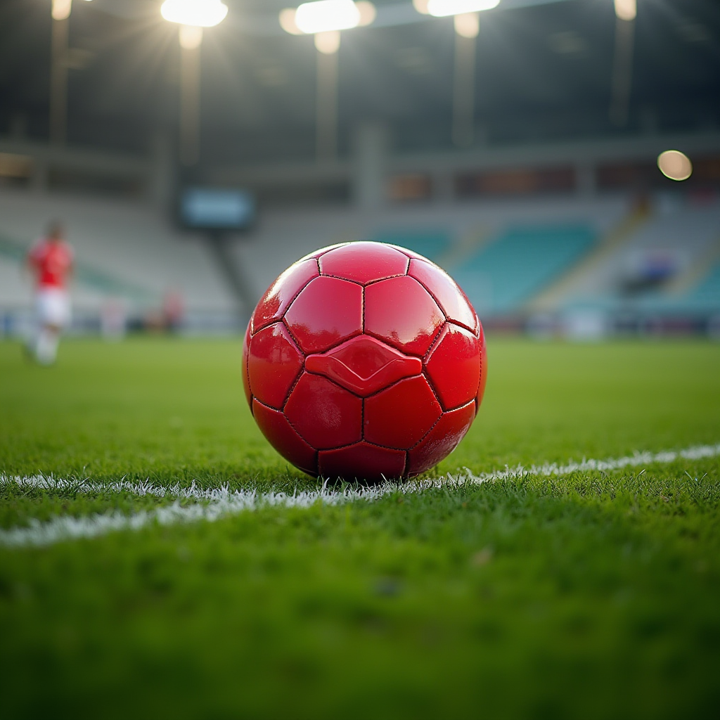 A vibrant red soccer ball rests on a lush green field, illuminated under stadium lights with blurred stands in the background.