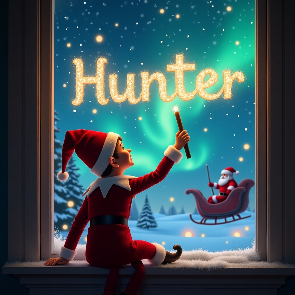 The image features an elf sitting on a window ledge with his back to the viewer. He is facing the sky, using a wand to write the name 'Hunter' in shimmering letters. The background is enchanting, depicting a magical Christmas scene complete with twinkling stars and colorful northern lights. In the background, Santa Claus can be seen in his sleigh, adding to the festive atmosphere. The elf is dressed in a classic red outfit and a pointed hat, emphasizing the holiday spirit. The scene beautifully captures the essence of Christmas magic and joy.