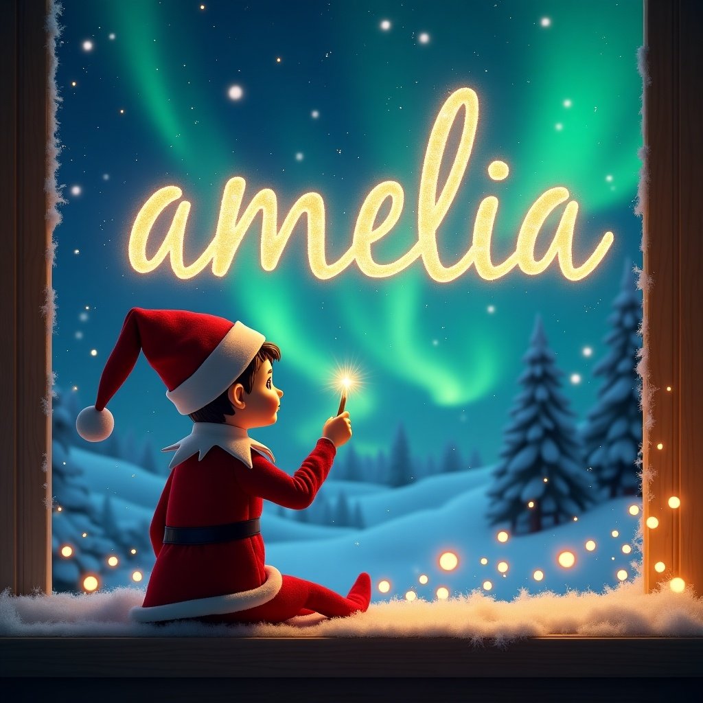 The image showcases an adorable elf on the shelf with his back turned, using a wand to weave magical letters in the night sky. The elf looks excited as he writes the name 'amelia' in sparkling, glowing letters. The background features a stunning winter landscape, complete with gently falling snow and beautifully lit trees. Above, the enchanting northern lights provide a dazzling, colorful display. This scene captures the magic of Christmas, evoking feelings of wonder and joy.