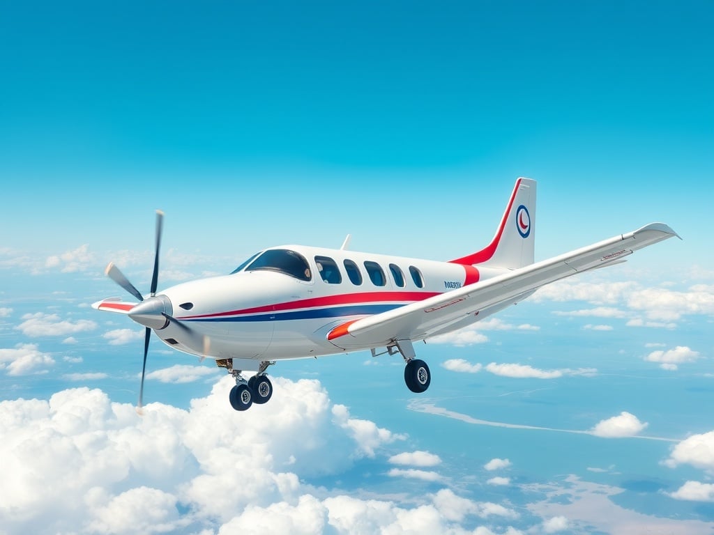 The image showcases a small private plane flying amidst fluffy white clouds against a clear blue sky. The plane is elegantly designed with a white body accented by blue and red stripes. It is prominently featured mid-flight, conveying the freedom and adventure associated with aviation.