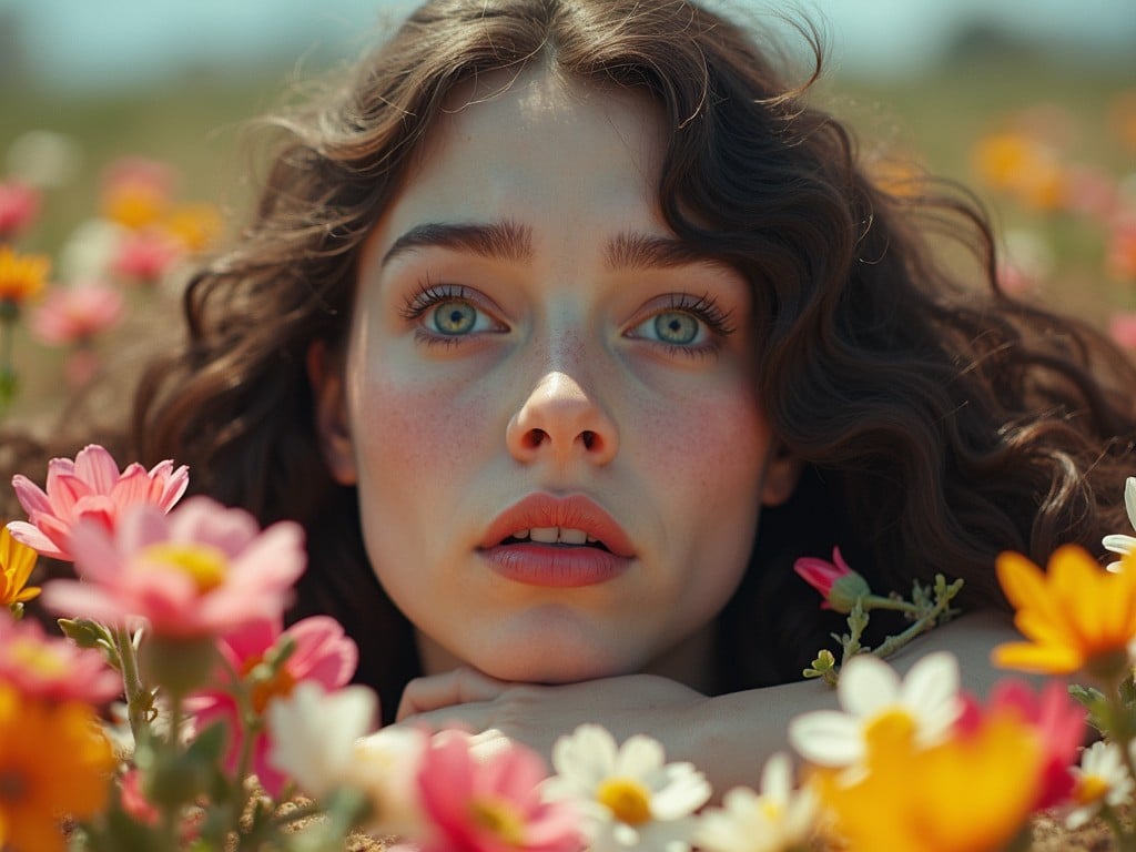 The image captures a young woman surrounded by vibrant flowers in a field. Her curly hair and expressive eyes draw the viewer's attention amid the colorful daisies and other blooms. There's a dreamy, contemplative look on her face, enhanced by the soft and natural lighting of the scene.