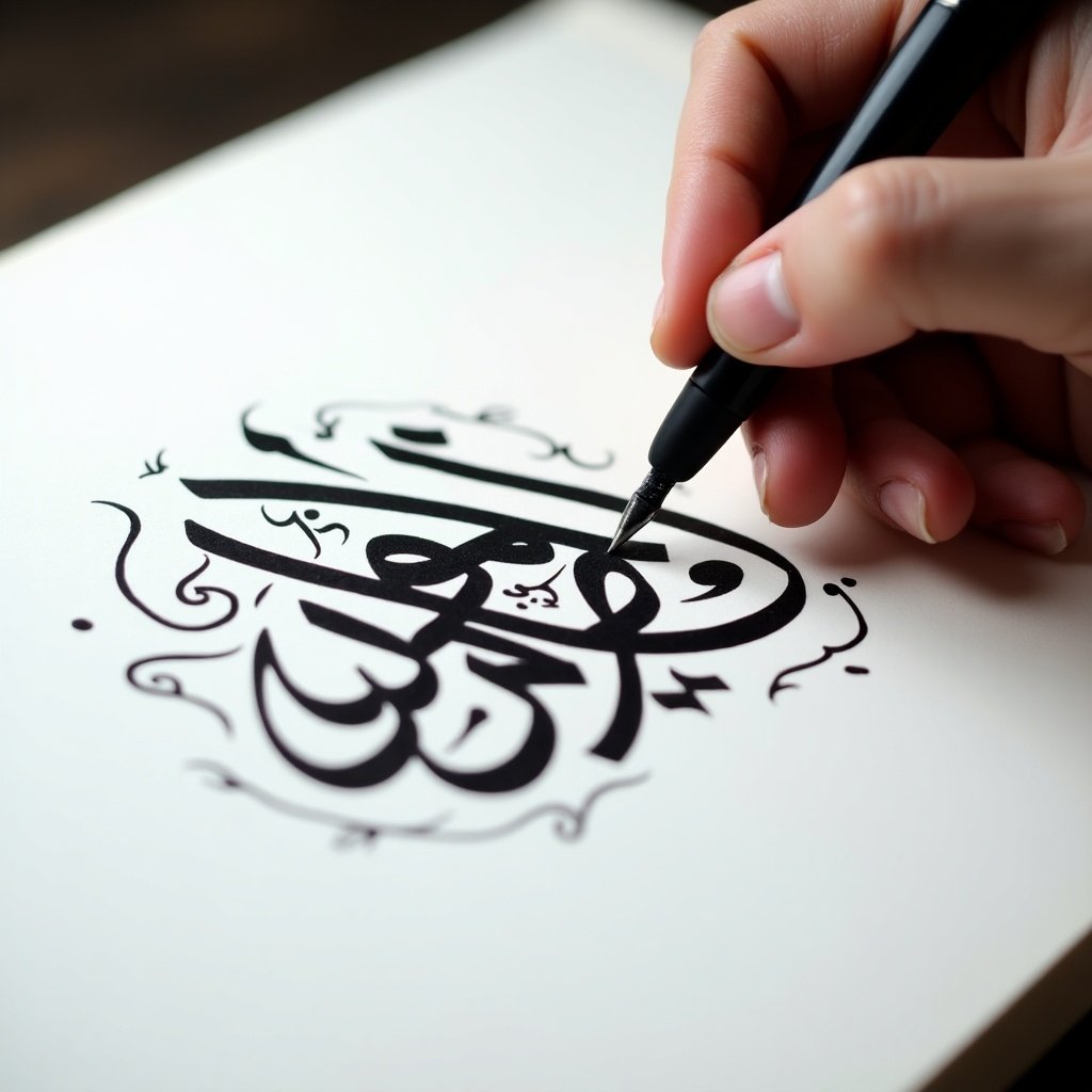 The image showcases the delicate process of creating Arabic calligraphy. A hand holds a pen poised above pristine white paper. The calligraphy reads 'سلامت داتڠ,' rendered in bold black ink. Intricate flourishes surround the calligraphic letters, adding artistic flair. Soft lighting accentuates the elegance and precision of the writing process. This scene encapsulates the beauty of Arabic calligraphy as an esteemed art form.