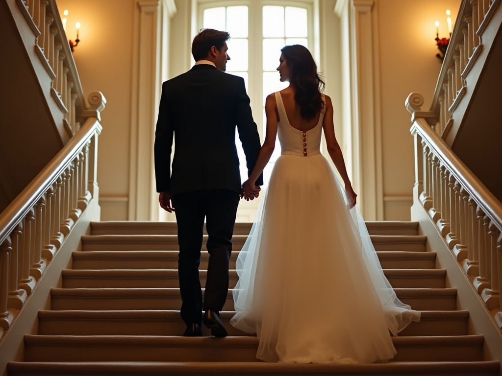 An elegantly dressed couple is walking hand in hand up a grand staircase. The bride is wearing a beautiful wedding gown, while the groom is in a classic suit. The warm lighting enhances the romantic atmosphere of the scene. The couple's happiness is evident as they ascend the stairs together. This moment captures the essence of love and commitment in a sophisticated setting.