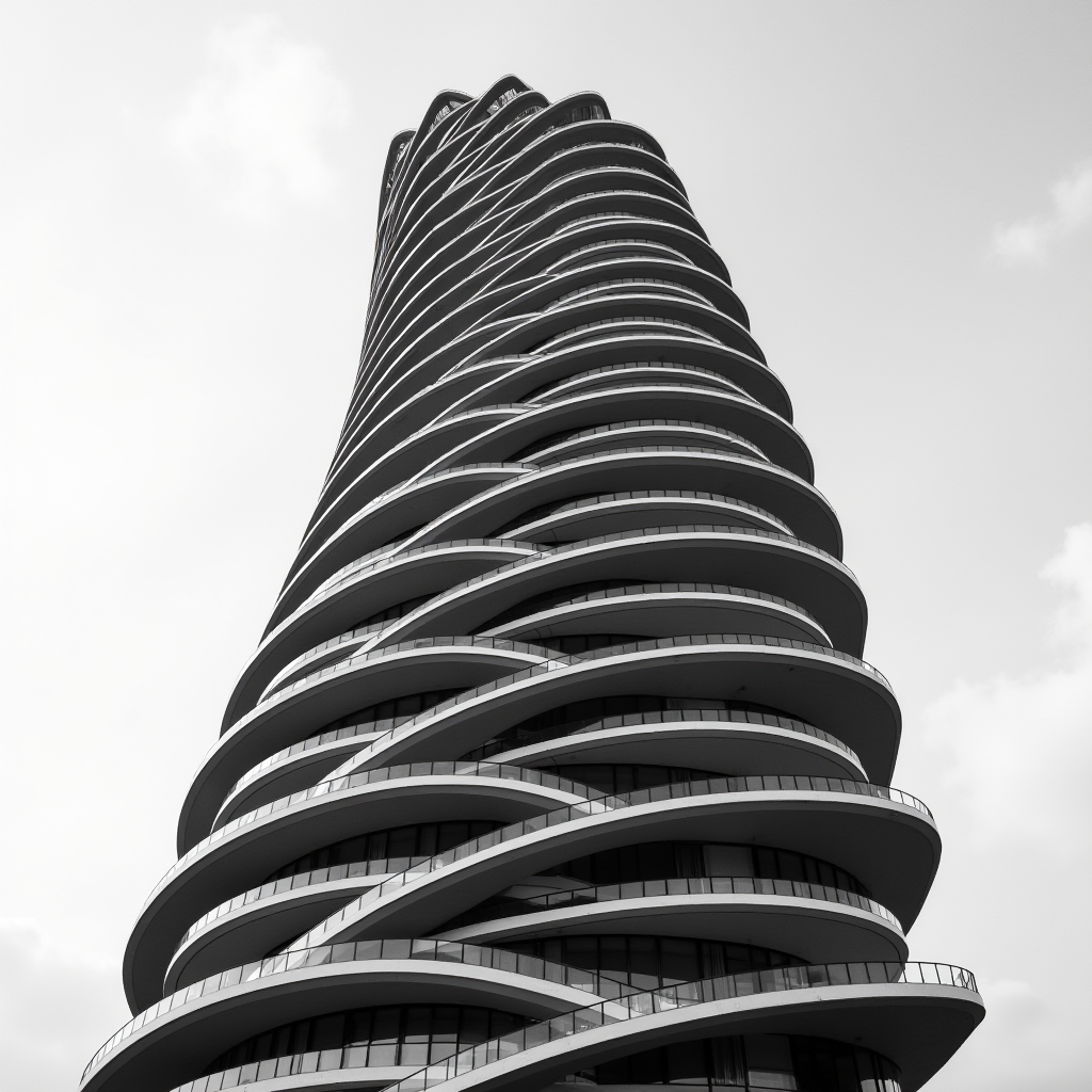 A black and white image of a modern skyscraper with a twisting design against a cloudy sky.