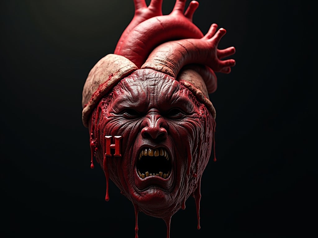 This striking image portrays a human heart with a face twisted in a fierce, menacing expression. The heart's surface is fleshed out with realistic textures, and it appears to be dripping with blood. The image is set against a dark background, which enhances the dramatic and unsettling effect of the anthropomorphized heart.