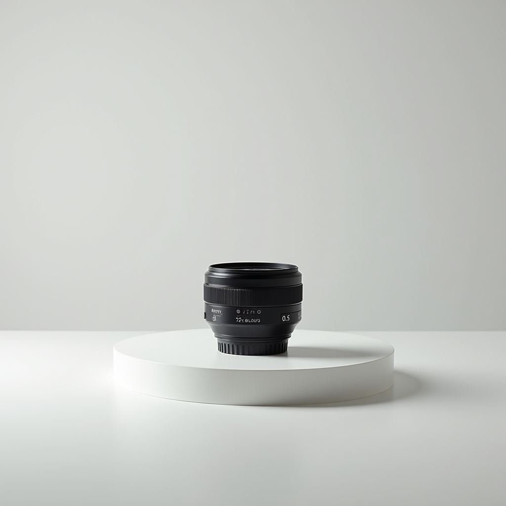 A camera lens displayed on a white circular platform against a plain background.