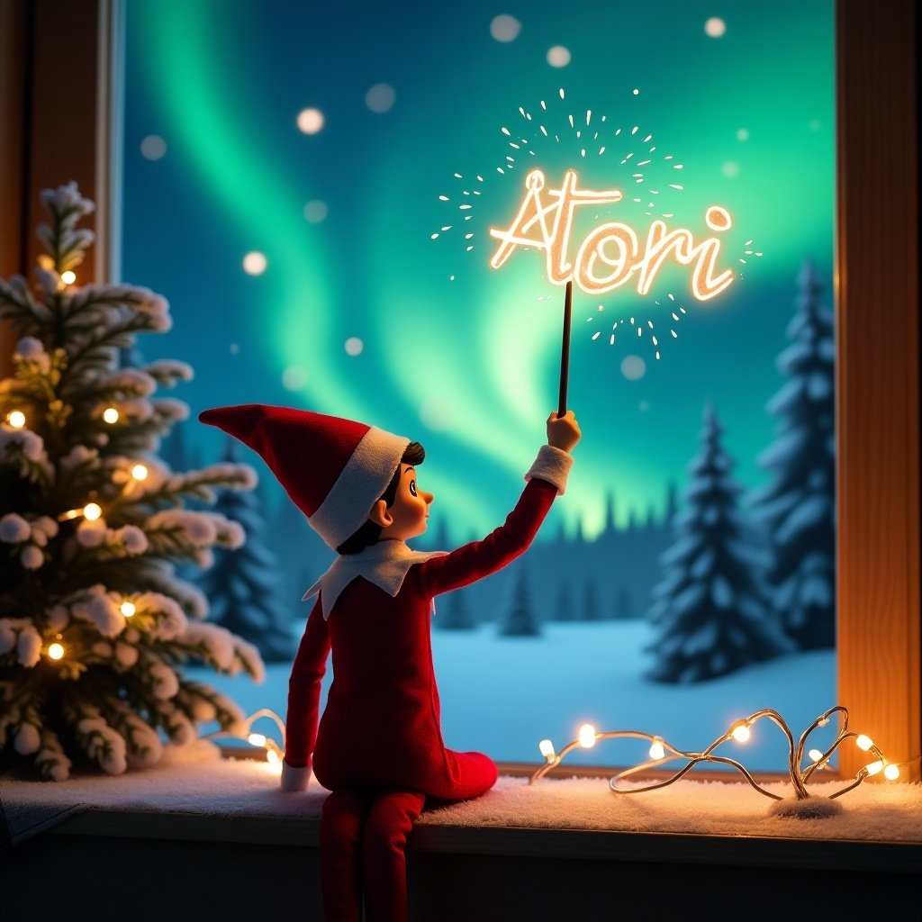 An enchanting Christmas scene featuring an elf on the shelf. The elf is dressed in red and white, facing the vibrant northern lights outside. Holding a magic wand, he writes 'Ace' and 'Kori' in sparkling letters above. The cozy backdrop includes a decorated Christmas tree and glowing lights. The ambiance is festive and magical, capturing the holiday spirit. This scene evokes a sense of wonder and excitement for the holiday season, perfect for Christmas celebrations.