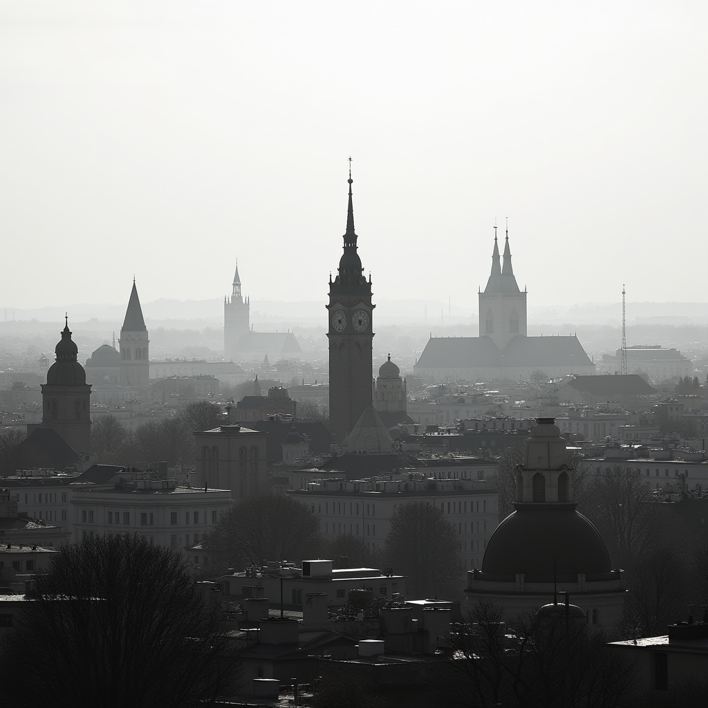 A misty skyline with faint silhouettes of church spires and a clock tower.