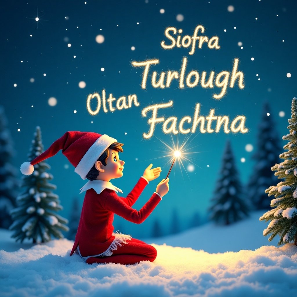 The image depicts a charming elf in a red suit, sitting in a blanket of snow in a magical winter wonderland. The elf is captivated as he uses a sparkling wand to write names in the starry night sky. Surrounding him, evergreen trees are dusted with snow, enhancing the holiday atmosphere. Above the elf, the names 'Siofra', 'Turlough', 'Ultan', and 'Fachtna' twinkle in golden letters, adding a whimsical touch to the scene. The background is a gradient of blue, accented by a scattering of stars, creating a serene and enchanting evening ambiance.