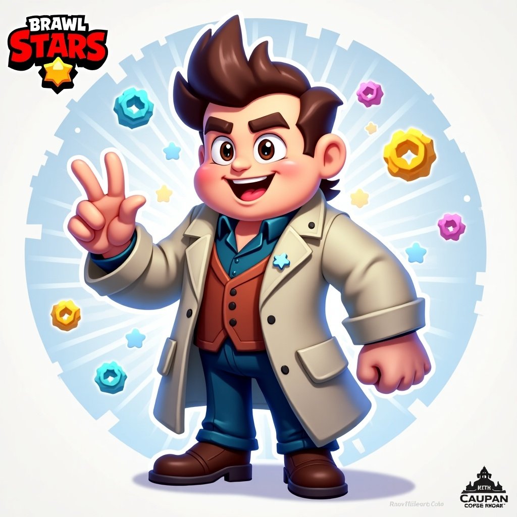 This image features Byron, a character from the popular mobile game Brawl Stars. He is depicted in a cheerful, cartoonish style, wearing a light-colored coat and a vest with a friendly expression. The background is dynamic, filled with colorful, star-like shapes that enhance the lively atmosphere. Byron is making a peace sign with his right hand, showcasing a confident and friendly demeanor. The illustration is vibrant and embodies the fun spirit of the game.