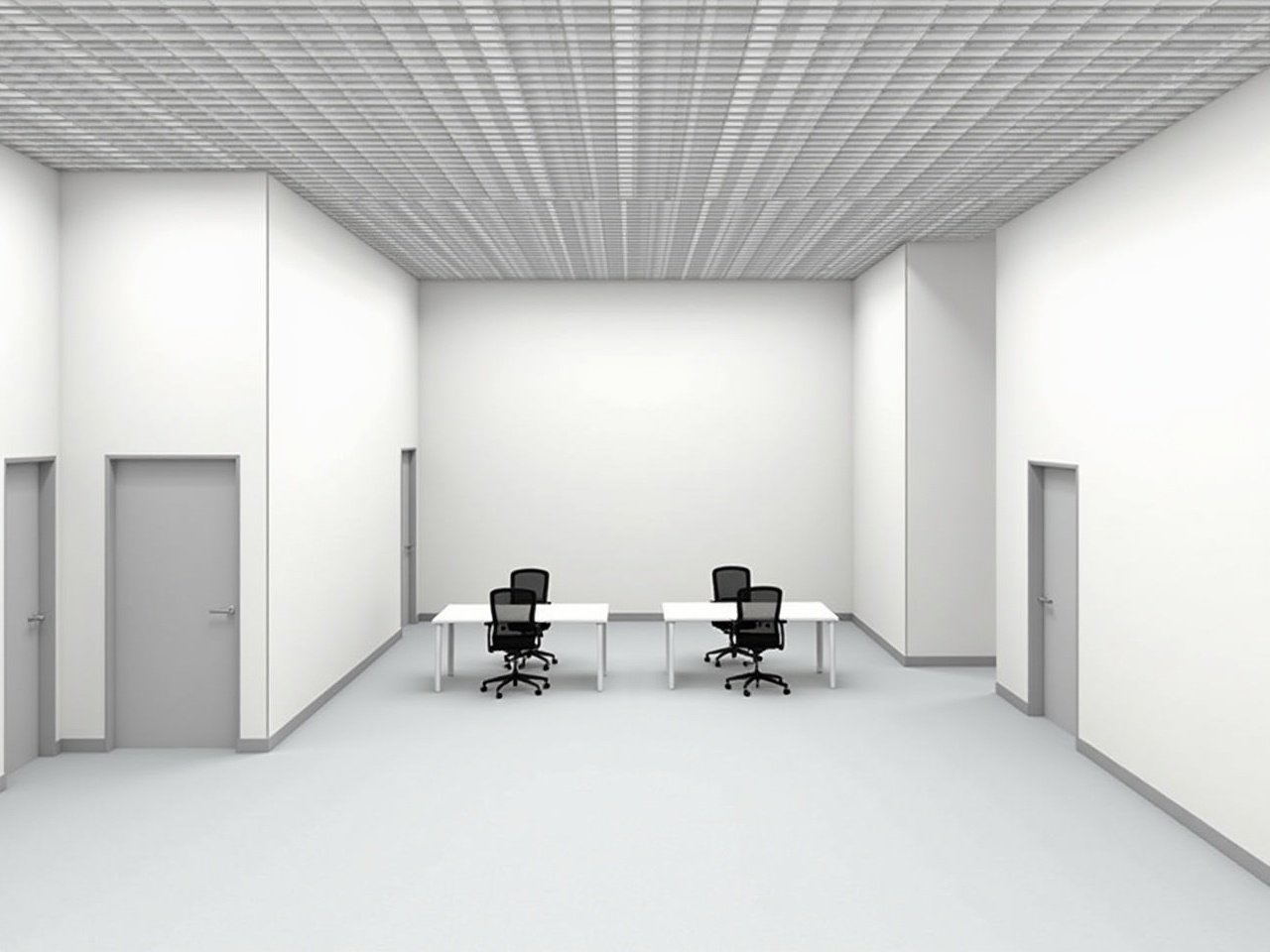 The image shows an interior design of a modern office space. It features a large, open floor with a clean and minimalist aesthetic. In the center, there are two desks arranged with office chairs, indicating a workspace. Along one wall, there are doors that likely lead to other rooms or areas. A grid-like structure overhead suggests that the space may be used for specific technical purposes. The overall color scheme is neutral, focusing on whites and grays, contributing to a professional atmosphere.