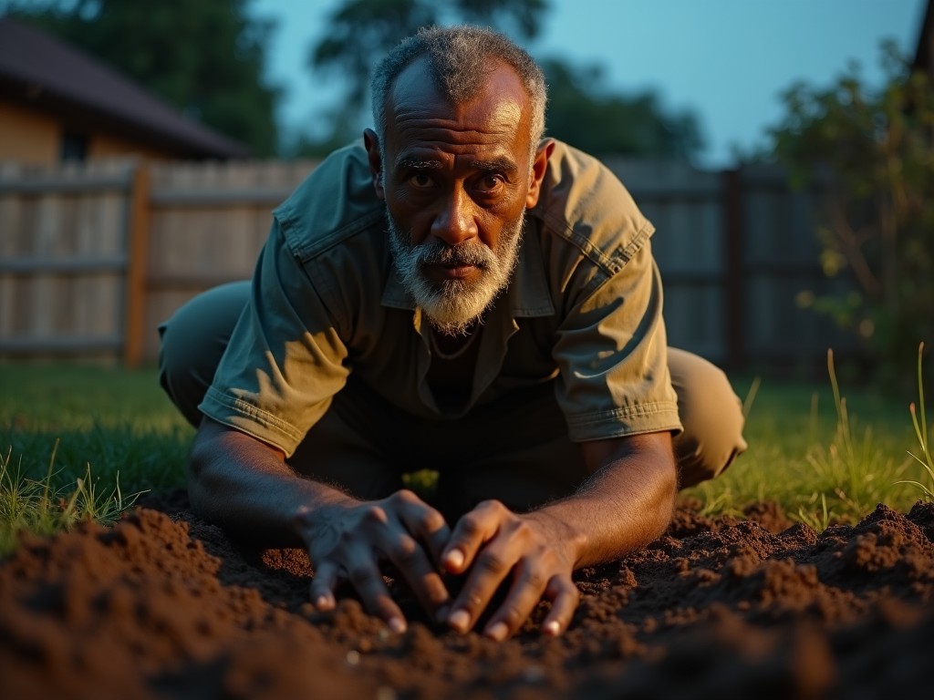 A middle-aged Ethiopian gardener is depicted in a backyard scene, working intently in the soil. He looks shocked and surprised as he encounters something buried beneath the ground. The image is captured in realistic style, highlighting his emotional reaction. The lighting is moody and evening-like, casting dramatic shadows that enhance the atmosphere. The focus is on his face, showing both his effort and surprise.