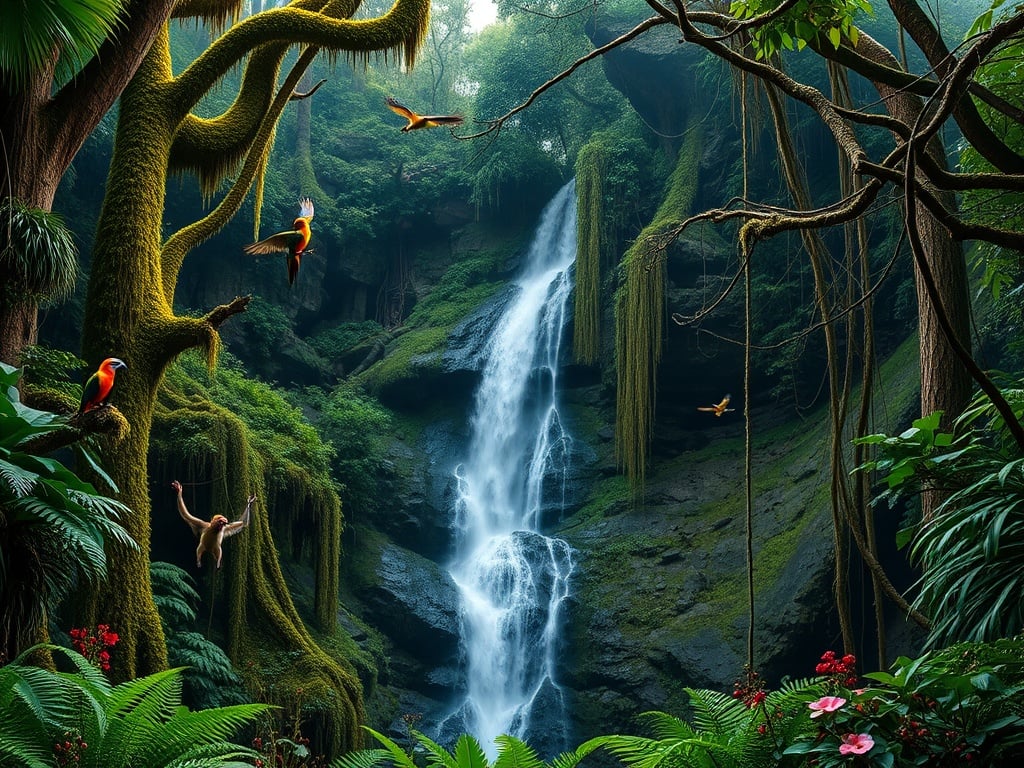 A lush tropical forest scene with a majestic waterfall cascading down a rocky cliff, surrounded by thick moss-covered trees and vibrant ferns. Brightly colored birds soar through the air, adding life and motion to the serene environment. The rich green hues and vivid details create a sense of tranquility and natural beauty.