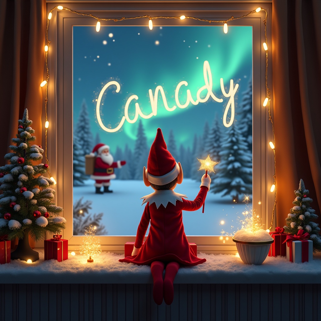 A cozy Christmas scene depicts an elf on the shelf, sitting with her back facing the viewer. She holds a wand and is writing 'Canady' in the sky. Outside the window, a magical winter landscape unfolds, featuring sparkling northern lights and Santa Claus in the background. Warm lighting from string lights enhances the festive atmosphere. The elf wears a traditional red suit with a hat, embodying the spirit of Christmas. This enchanting scene captures the wonder and magic of the holiday season.