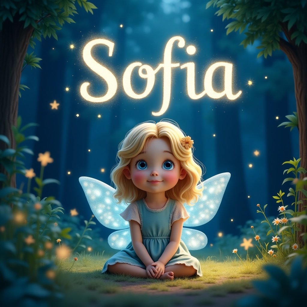 This image features a charming character named Sofia, a young girl with blonde hair and blue eyes. She sits in a magical woodland setting at night, surrounded by lush greenery and sparkling lights. The scene is illuminated by the softly glowing name 'Sofia,' enhancing the enchanting atmosphere. Her delicate fairy wings add a whimsical touch, making her the perfect subject for children's stories. The deep blue sky and twinkling sparkles create a sense of wonder, inviting imagination.