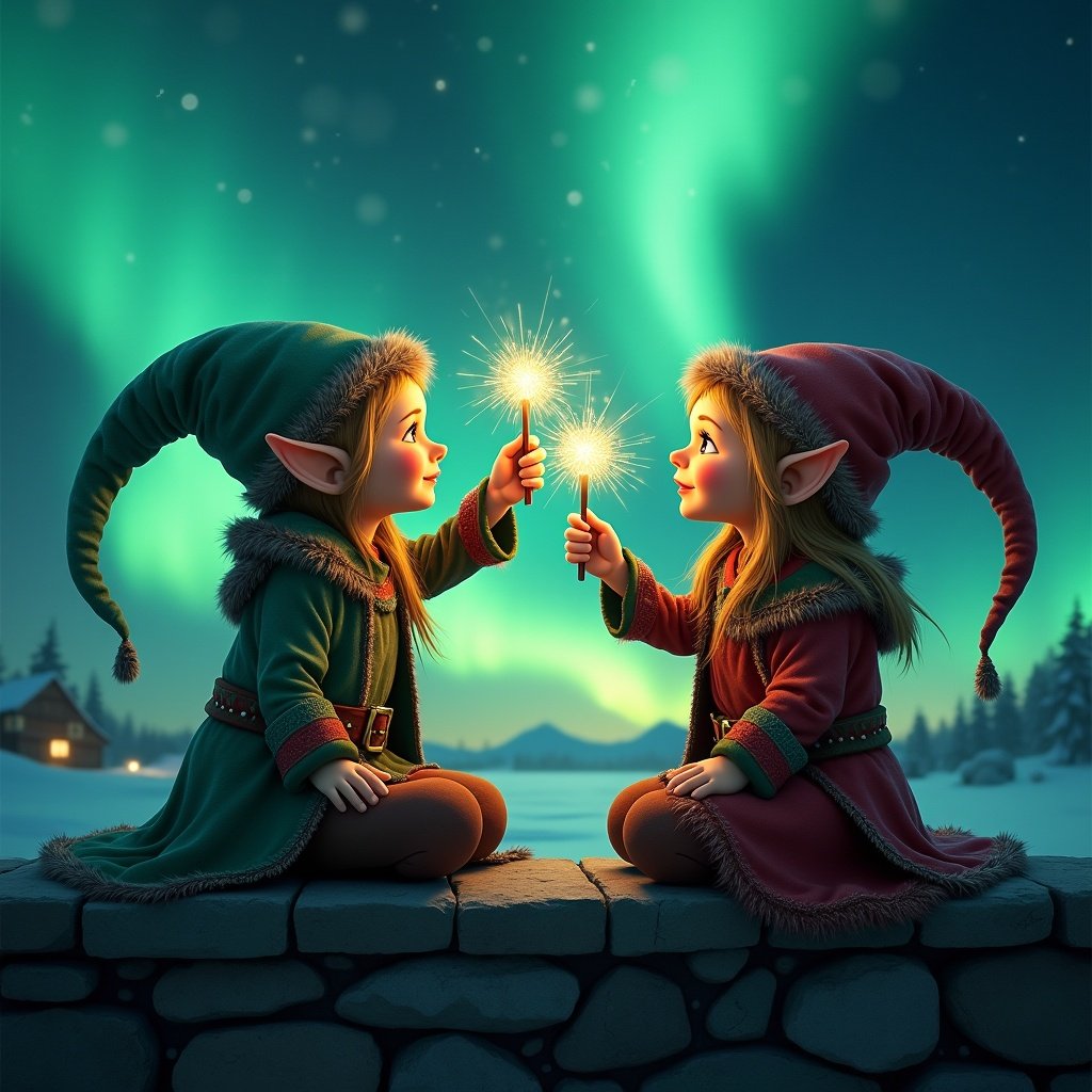 Two elves sit on a stone ledge, facing each other with bright, glittering wands raised in a shared moment of enchantment. Above them, vibrant northern lights dance in greens and blues, setting a magical scene. Dressed in festive cloaks with pointed hats, their expressions brim with wonder and joy. The soft illumination from the auroras creates a dreamlike backdrop, enhancing the atmosphere. This image captures the essence of friendship and magic in a winter wonderland setting.