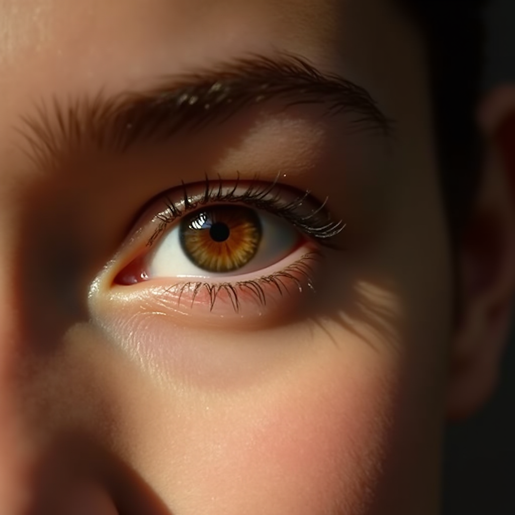 A close-up image of a human eye with intricate details highlighted by sunlight and shadows.