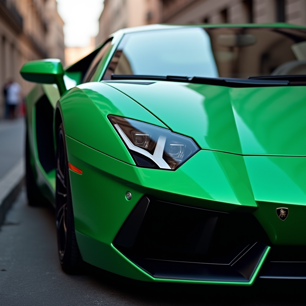 A sleek green sports car parked on a city street.