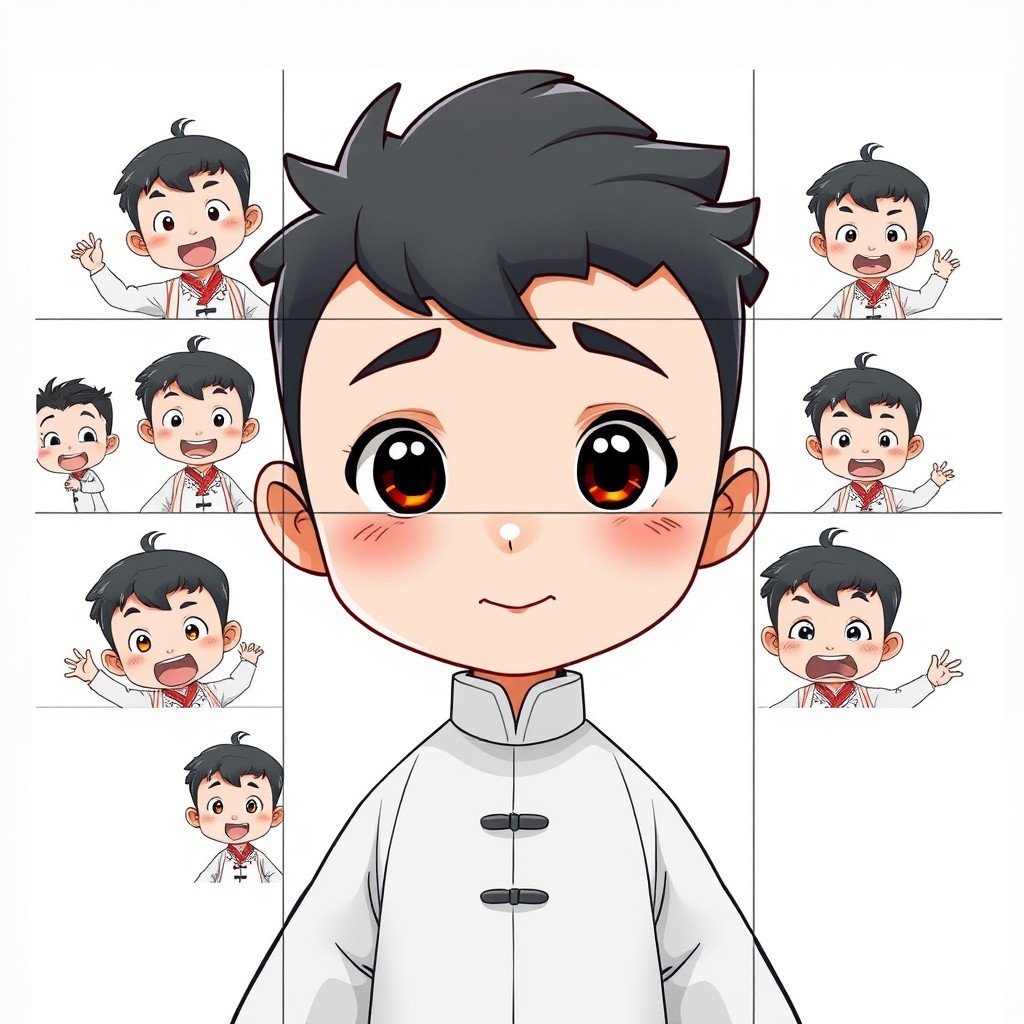 A cartoon boy displays a variety of cheerful facial expressions.