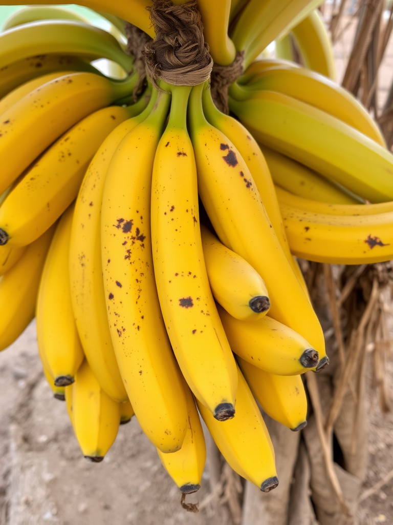 The image shows a fresh and vibrant cluster of ripe bananas. The bananas are mostly yellow with a few scattered brown spots, indicating optimal ripeness. They are still attached to the stem, which is bound with natural twine. The bananas are arranged tightly together, illustrating their natural growth pattern. The background suggests an outdoor setting, possibly a banana plantation, with a glimpse of dry soil and blurred vegetation, emphasizing the focus on the fruit.