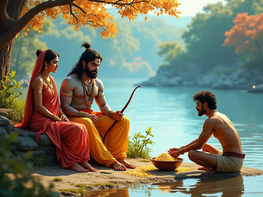 The image depicts a serene riverbank scene in a lush environment. At the center, a divine figure, Lord Rama, is seated next to his wife, Sita, who is dressed in traditional attire. Nearby, a loyal companion, Hanuman, can be seen standing with a bow in his hand. A man sitting on the ground is seen washing something in a bowl, possibly rice, indicating a domestic setting. The background features trees and water, adding to the tranquil atmosphere of the scene. The colors are vibrant, emphasizing the beauty of the characters and nature.